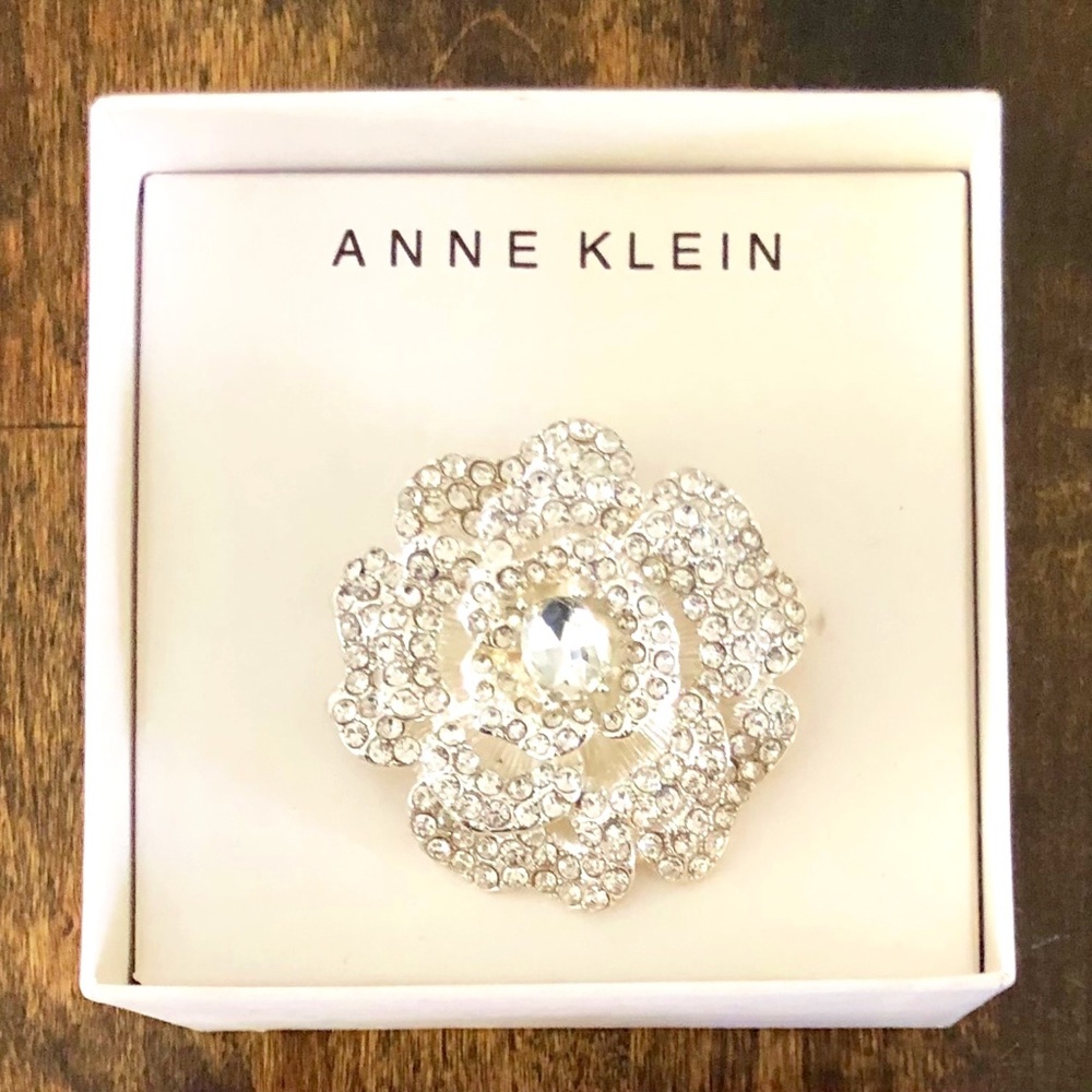 Anne Klein Rose Pin Brooch Silver with Clear Rhinestones Sparkly Lapel